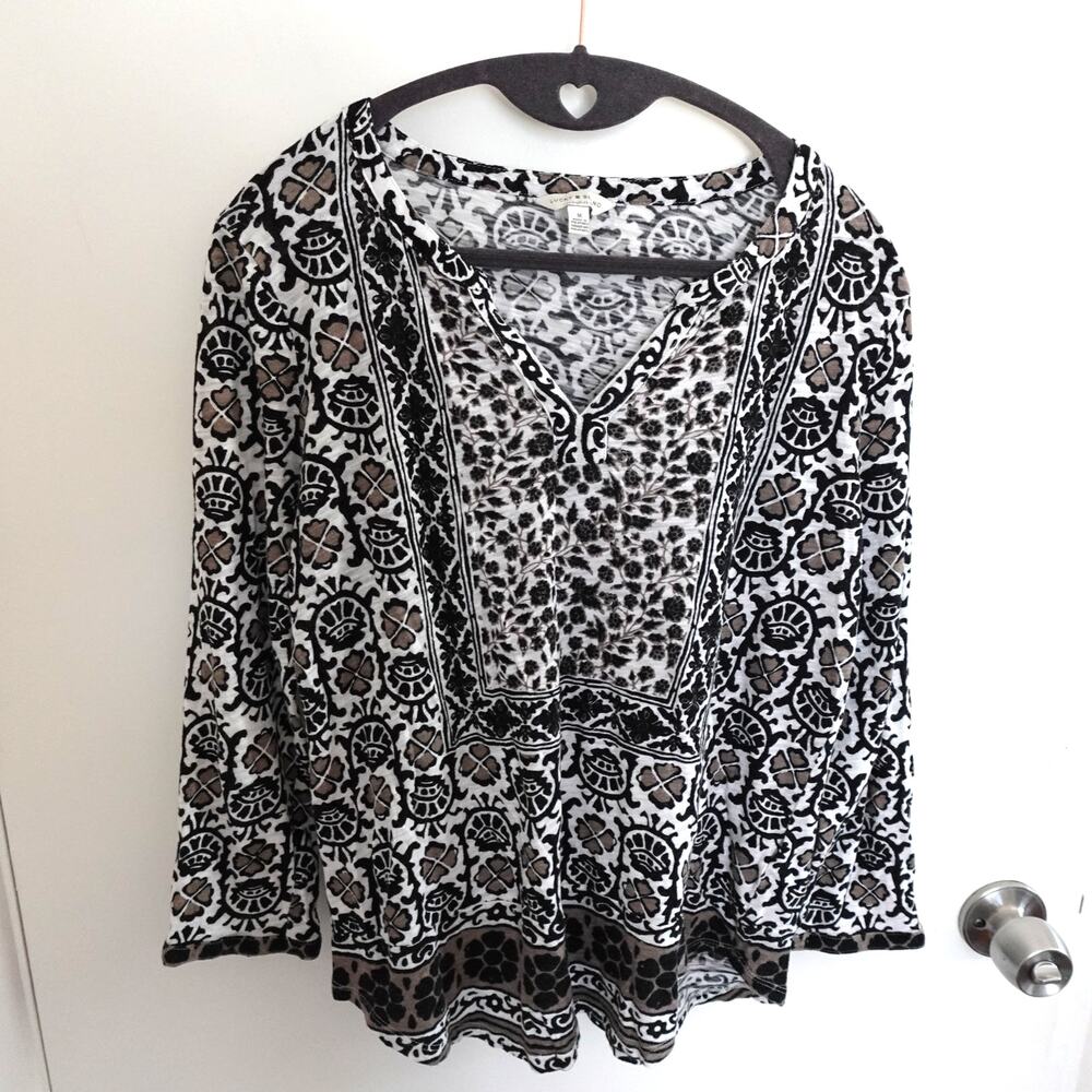 Lucky Brand Black White Printed Top Size M Cotton Modal Boho Casual Lightweight